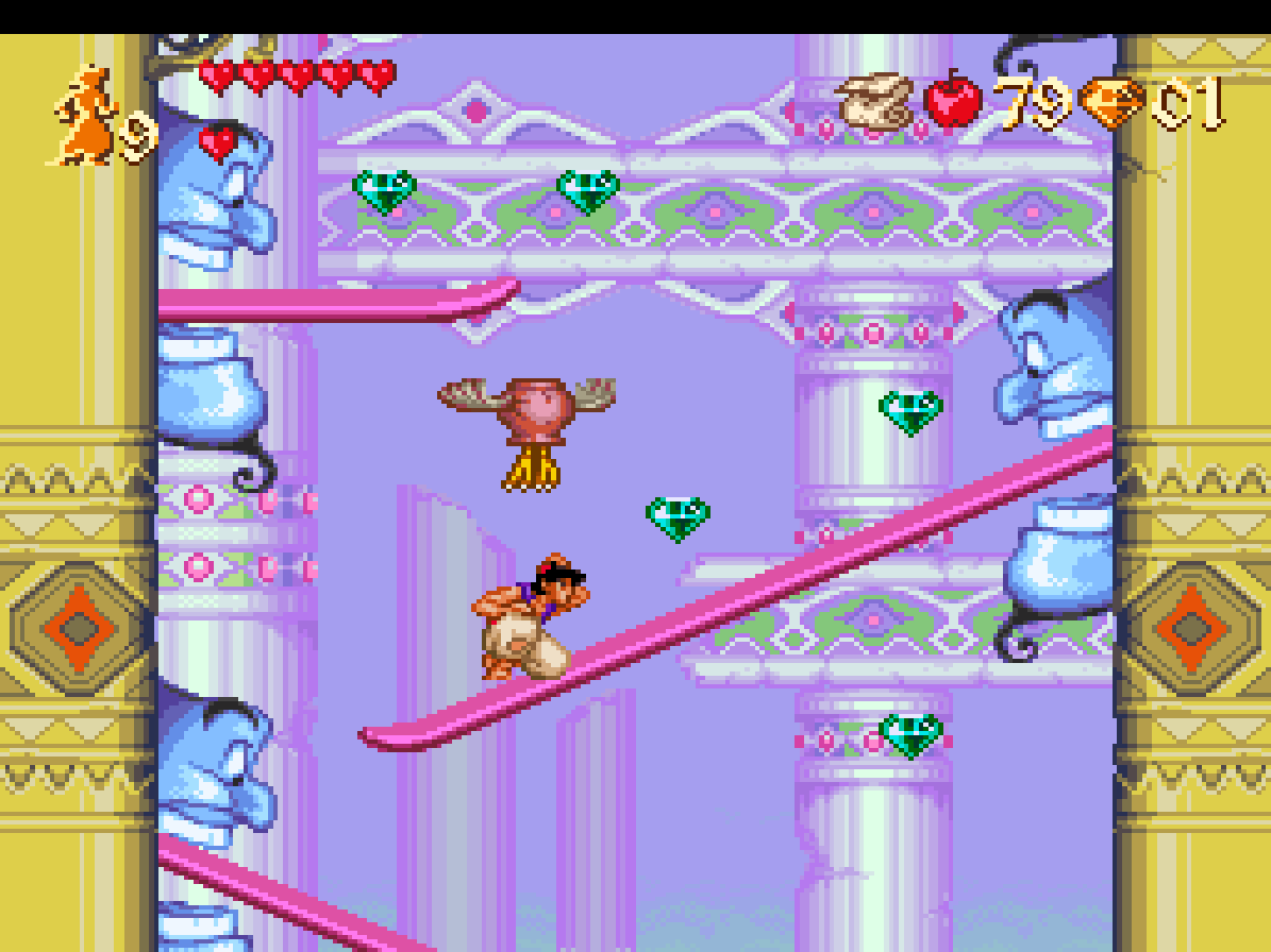 Aladdin platforming across ramps and collecting gems inside the Genie's lamp on SNES