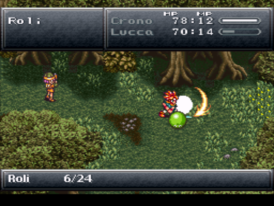 Crono attacking a Roly enemy while Lucca waits in a Chrono Trigger forest battle