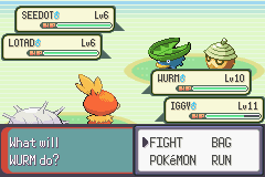 Torchic and Lotad fighting Seedot and Wurmple in a Pokémon Emerald double battle