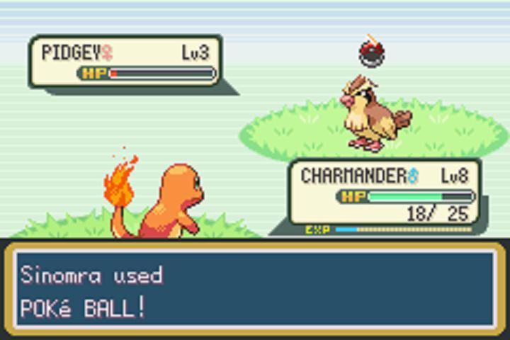 Charmander throwing a Poké Ball at a wild Pidgey during a Pokémon FireRed battle