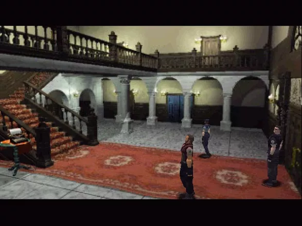 S.T.A.R.S. members standing in the Spencer Mansion foyer in the original Resident Evil