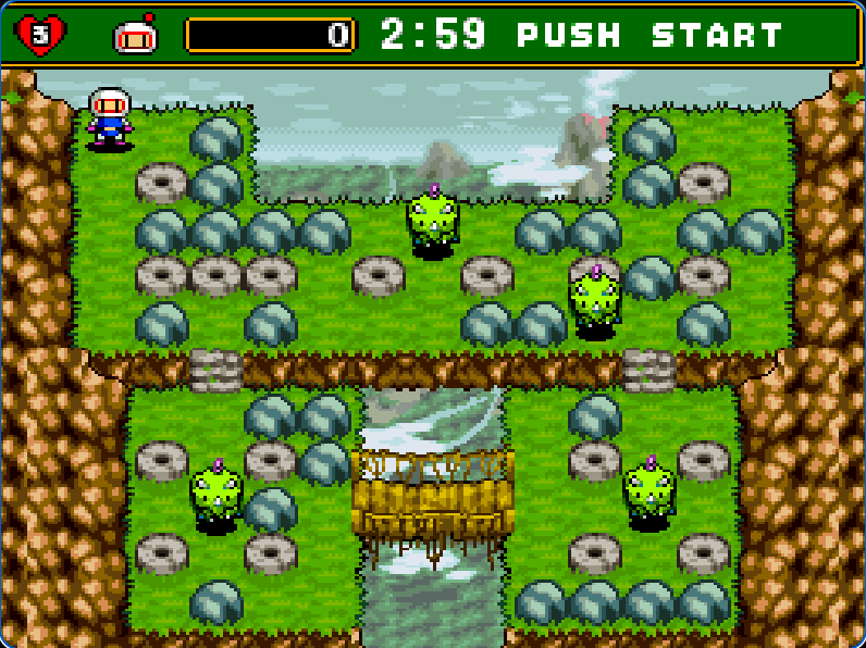 Super Bomberman 4 real gameplay showing the opening area on SNES