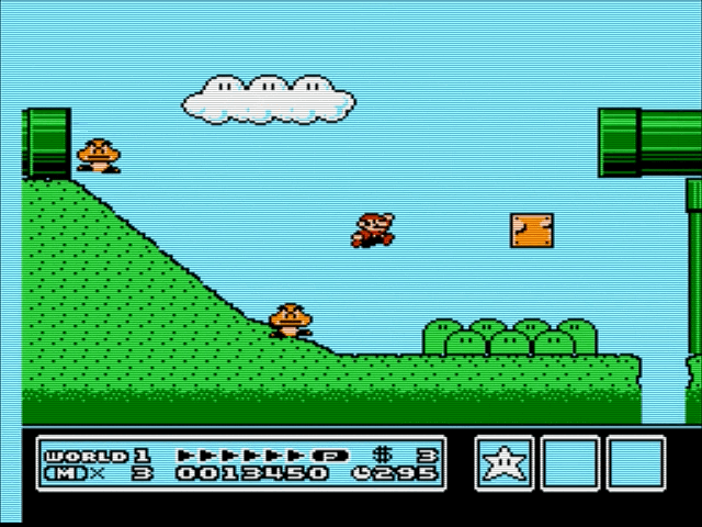 Raccoon Mario jumping over Goombas and pipes in World 1 of Super Mario Bros 3