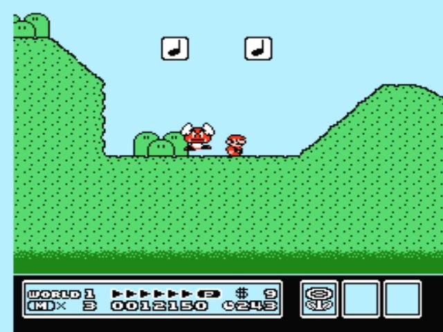 Small Mario facing a winged Goomba between hills in Super Mario Bros 3 World 1